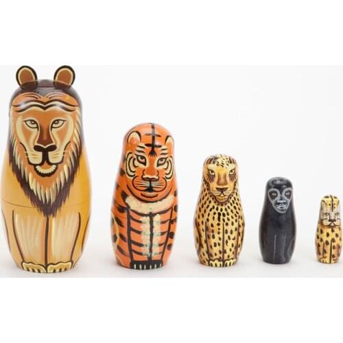 5Pcs/Set Hand Painted Lion Animal Wooden Nesting Dolls Matryoshka Figurines Toy