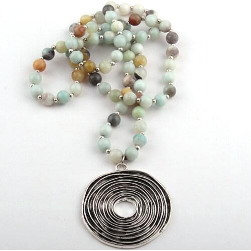 Free Shipping Fashion Amazonite Stone Bead Metal Disc Circle Pendant Necklaces