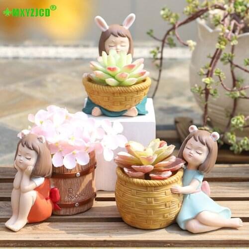 Girl resin pot cartoon character Sculpture crafts rabbit girl personality decoration garden Micro landscape groot flower Pot