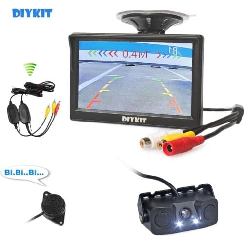 DIYKIT Wireless 5" TFT LCD Display HD Car Monitor + Waterproof Video Parking Radar Sensor Car Rear View LED Camera