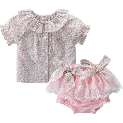 Toddler baby clothes summer Clothes Set Floral Short Sleeve +Lace pink pants 2 Piece Suits Girl Bow Cotton Kids Clothes 6M-4Y
