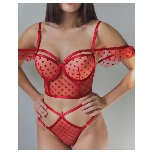 Women Nightgown Lace Dot Bodysuit Lingerie Sets Sexy Underwear