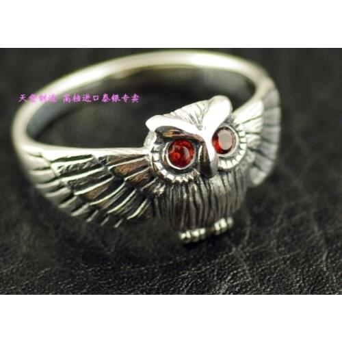 Red 925 pure silver owl ring pinky ring