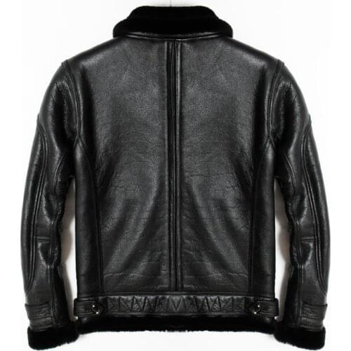 Mens Sheepskin Coat Winter Genuine Leather Jacket Motorcycle Pilot Basic Vintage Black Fur Collar Classic Thick Warm Cashmere