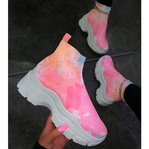 2021 New Women Boots Tie-Dye High Top Casual Sneakers Breathable Stretch Colorful Womens Thick Bottom Sports Running Shoes