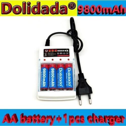 New AA rechargeable battery 9800mAh 1.5V New Alkaline Rechargeable battery for led light toy mp3 + 1pcs 4-cell battery charger