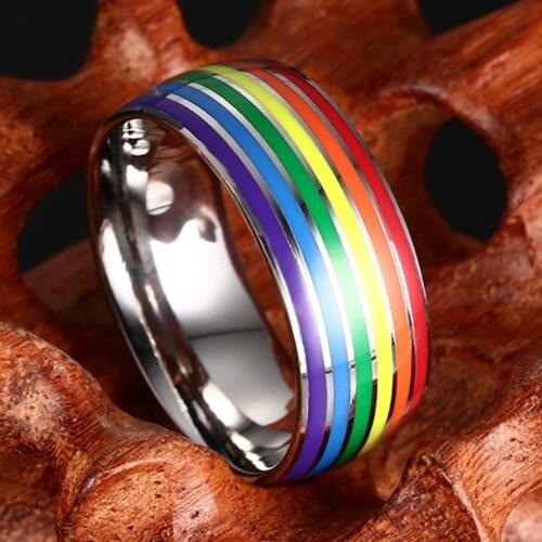 Unisex Classic Engagement Wedding Band Ring Stainless Steel Enamel Colourful Rainbow Stripe Ring For Men Women Lover Jewelry