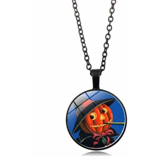 Glass Dome Pendant Necklace Charm Witch Cat Broom Pattern Halloween Necklace Fashion Sweater Chain Jewelry Unisex Party Gift