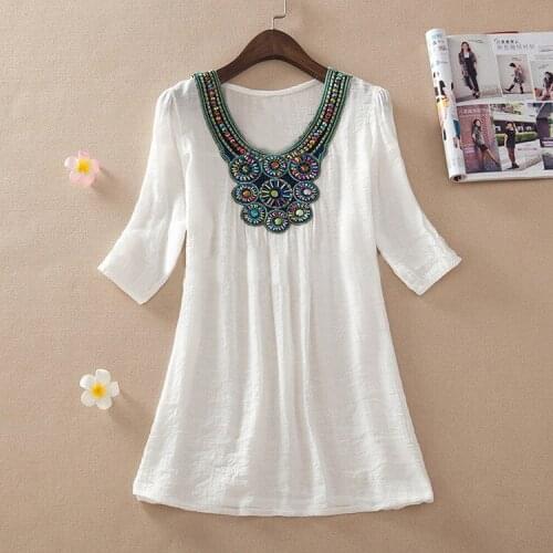 O-neck Plus Size Embroidery Bamboo Cotton Shirt Short Sleeves Floral Bohemian Shirts Breathable Comfort Cotton Tops for Women