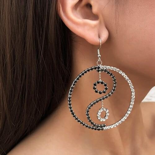 SHIXIN Shiny Rhinestone Tai Chi Round Pendants Earrings for Women Special Drop Earrings Hanging Trendy Earrings Fashion Jewelry