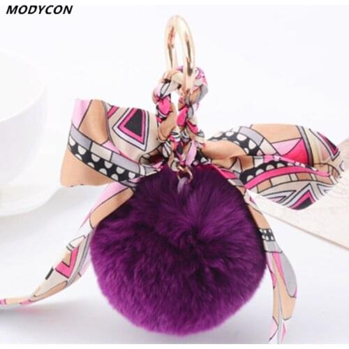 Cute 8 CM Rabbit Fur Ball Pendant Keychains Women Key Chain Bag Charm Fluffy Puff Ball Key Ring Silk Scarves Bowknot Keyrings