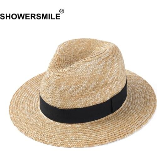 SHOWERSMILE Mens Straw Hat Vintage Women Panama Hat Ribbon Black Spring Summer Casual Outdoor Jazz Female Male Beach Sun Hat