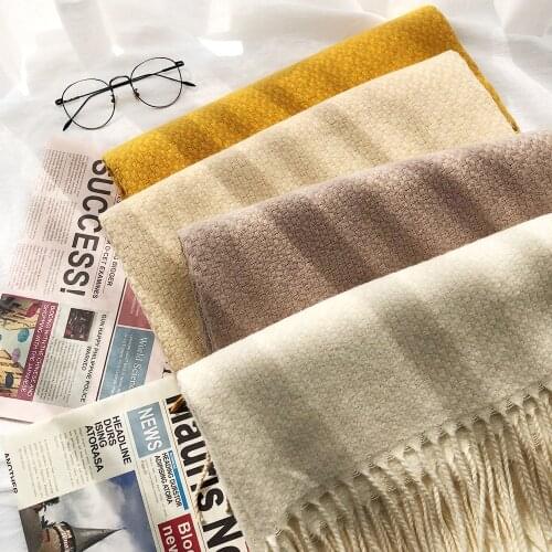 Literary Style Women Cashmere Feel Scarf Wraps Lady Blanket Thick Pashmina Solid Plaid Weave Pattern Long Shawl Muffler Warmer