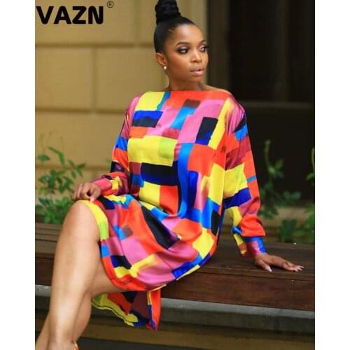 VAZN WML8832 Summer Casual Hot Popular Hot Casual Office Young Fashion Geomtric Round Neck Long Sleeve Women Long Kne Dress