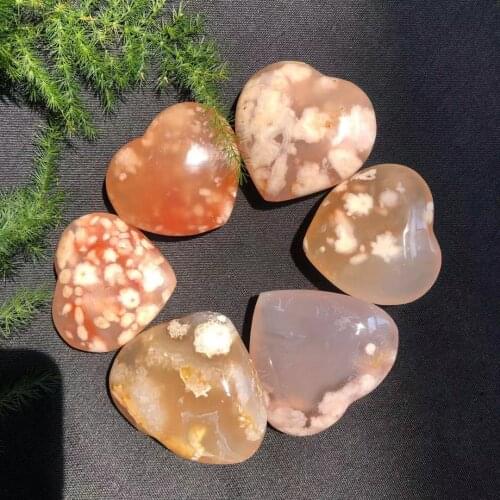 1pc Natural Pink Chakra Cherry Blossom Agate Sakura Agate Heart Shaped Crystal Gemstone Healing Natural Stones and Minerals