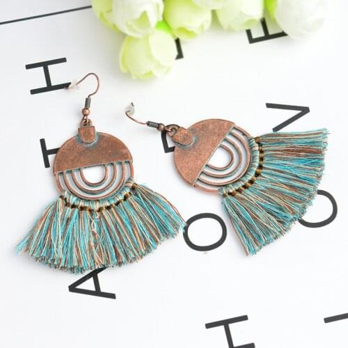 2019 Boho ethnic tassel Earrings Bronze Round Long Earrings for women Vintage handmade cotton fringed Ear Ring statement Jewelry