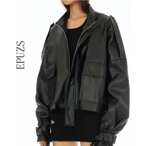 2020 Winter Fashion Slim Long Sleeve Pocket Zipper Warm Elegan Thick PU Jacket Coat Famale Outerwear Chic Top PU Jacket
