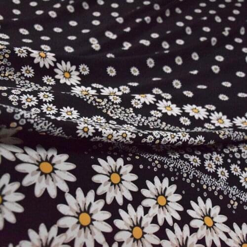 50*150cm Black Bottom Daisy Positioning Printing Silk Crepe Chiffon Fabric Dress Pants Shirt Womens Handmade DIY Fabric
