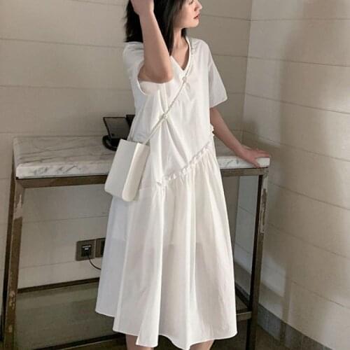 8867# Summer White Cotton Maternity Straight Dress Korean Fashion Loose Clothes for Pregnant Women Pregnancy Casual Clothing