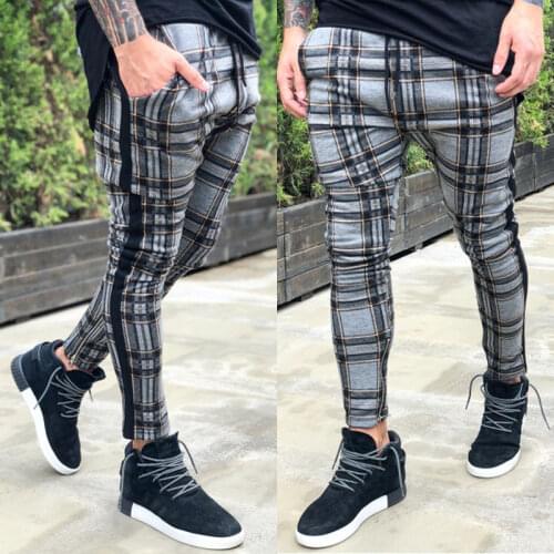 Pants New Men Vogue Vintage Plaid Zippers Casual Pencil Pants Trousers Men Side Striped Pockets Casual Harem Pants Trouser