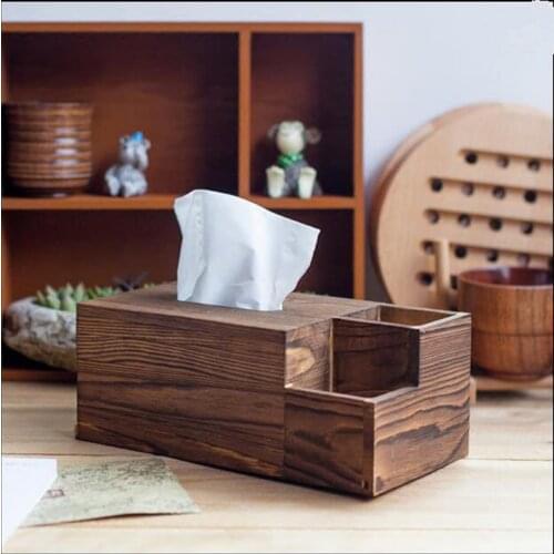 Wooden Tissue Box Storage Box Retro Classic Tissue Container Multi-function Three Block Home Decor Carbon Burning Color