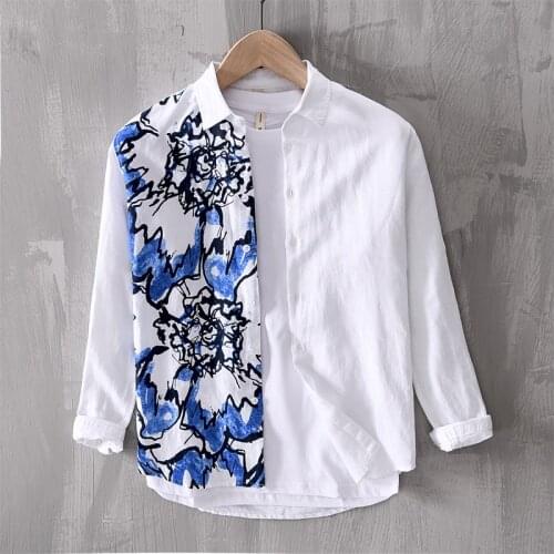 Mens Cotton Linen Shirts Long Sleeve Slim Floral Printed Dress Shirt Men Fashion Casual Shirts Male Camisa Streetwears TS-559
