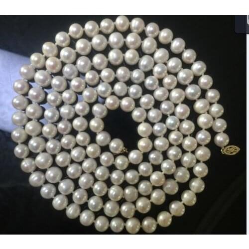 Beautiful AAA 9-10 mm south white pearl necklace 50inch Yellow Clasp