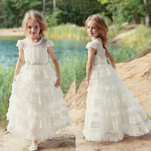 Pretty Princess Girl Birthday Party Dresses 2021 Cap Sleeves A Line Beautiful Flower Girl Dress for Beach Garden Country Wedding