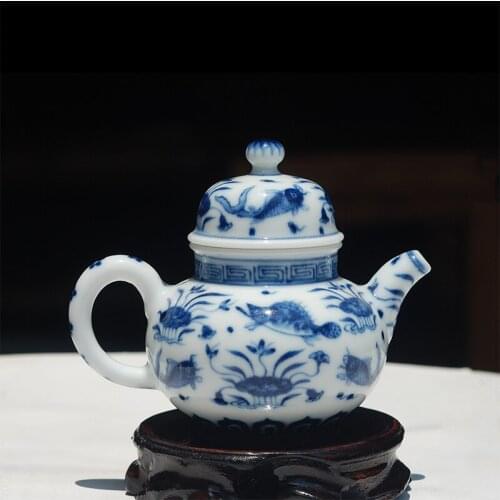 Blue and White Hand-painted Fish and Algae Pattern Ceramic Teapot Pu'er Tea Set