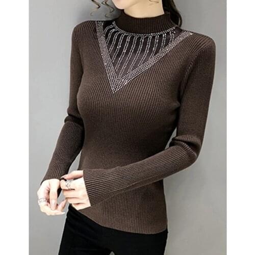 2021 Diamonds Half High Colla Sweater Mujer Black Slim Knitted Pullover Sweater Women Autumn Winter Solid Long Sleeve Pull Femme