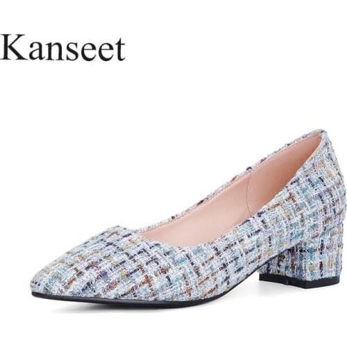 Kanseet New Women Shoes Square Heels 2021 Spring Autumn Mixed Colors Pointed Toe Casual Shallow Hot Sale 4cm Mid Heel Pumps