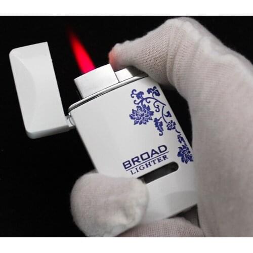 Windproof Ladies Jet Pink Flame Cigarette Lighter Blue and White Porcelain Mini Pocket Lighter Inflatable Butane Torch Lighter