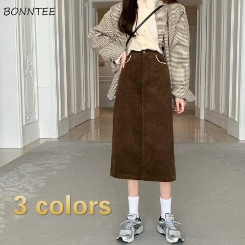 Skirts Women Retro Pure Lace Mid-Calf Daily Vintage College Popular Empire Chic Corduroy Straight Simple 2021 Newest Temperament