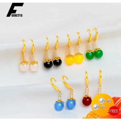 Women Earrings 925 Silver Jewelry Accessories Round Agate Zircon Gemstone Drop Earrings for Wedding Bridal Promise Party Gift