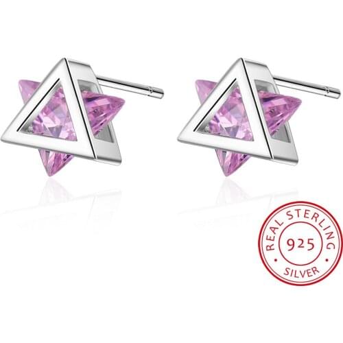 Drop Shipping 925 Sterling Silver Triangle Pink/White CZ Crystal Stud Earrings for Women Silver Fine Jewelry Gift