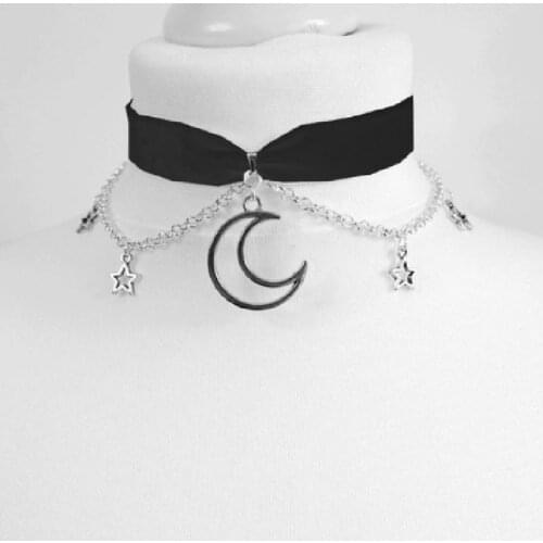 Goth Moon and Stars Chain Black Choker Velvet Chain Fashion Delicacy Women Gift Beautiful Celestial Punk Statement Jewelry