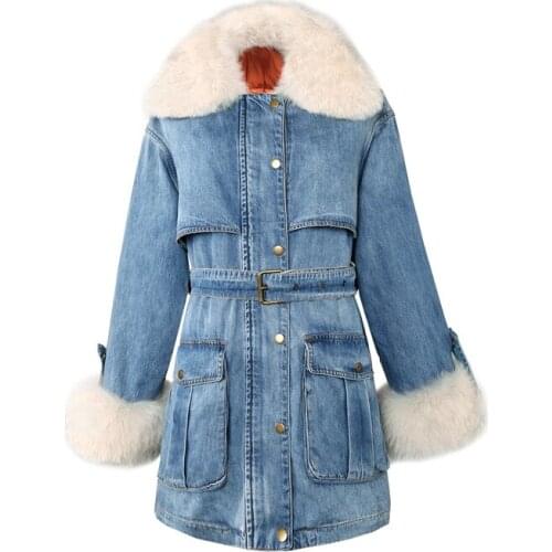 2019 Winter New Down Jacket Women Coat Fur Collar Detachable Liner Long White Duck Down With Belt Female Denim Jacket Outerwear