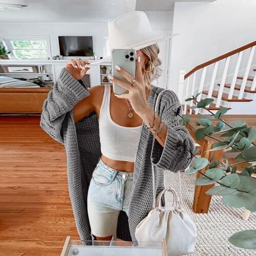 Women Casual Hollow Out Knitted Cardigan Long Sleeve Mid Length Loose Sweater Coat Open Front 2021 Autumn New Sweater Cardigan