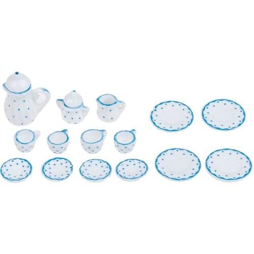 15Pcs 1/12 Ceramic Blue Flower Patten Porcelain Coffee Tea Cups Tableware Dollhouse Kitchen Accessories Dollhous Miniature