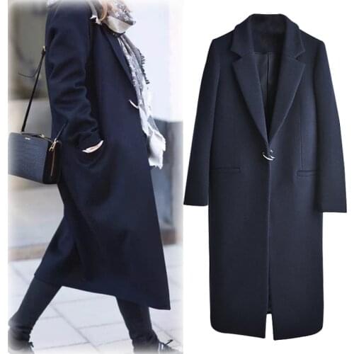2021 Lapel A Buckle Woolen Jacket Long Thicken Long Sleeve Straight Navy Blue Winter Clothes Womens Autumn Coats Dames Kleding