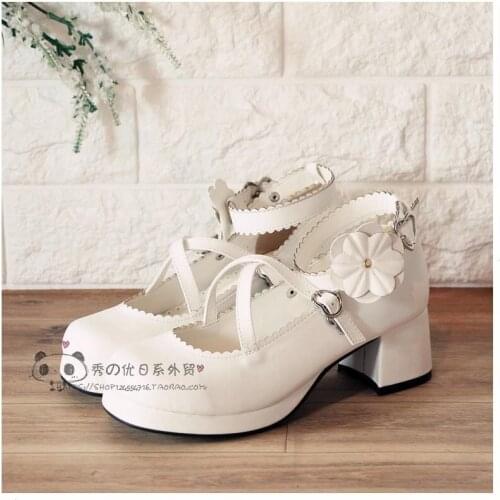 Cos white sweet maid lolita sponge cake with high heel flower shoes japanese sweet Lolita Shoes
