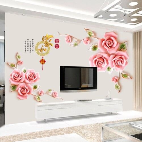 3D Chinese Style Large Wall Stickers Pink Romantic Flowers Home Decor for Bedroom Living Room DIY Vinyl Wall Decals