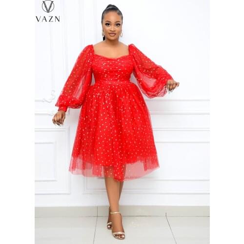 VAZN 2021 INS High-end Network Autumn Plus Size Sexy Club Full Puff Sleeve Europe And America Women Ball Gown Midi Dress
