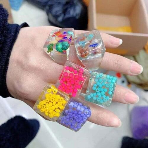 New Transparent Colorful Bead Stone Geometric Exaggerated Square Resin Acrylic Rings for Women Girls Jewelry Party Gifts