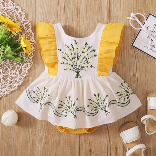 Toddler Ruffles Rompers For Baby Girl Foral Fly Sleeve Jumpsuits Embroidery Stitching Backless Playsuits Summer Infant Outwear