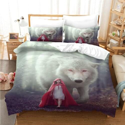 Animal Bedding Set with White Wolf and Little Red Riding Hood Quilt Cover Decorative 2/3 Piece Duvet Cover with Pillowcases