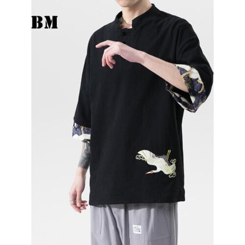 Summer Chinese Traditional Dress Crane Embroidery Linens T-Shirt Plus Size Loose Short Sleeves Men Clothing Harajuku Tops Male