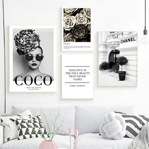 Fashion Flower Woman Poster And Print Coco Quotes Wall Art Canvas Painting Black White Vogue Pictures For Living Room Home Decor