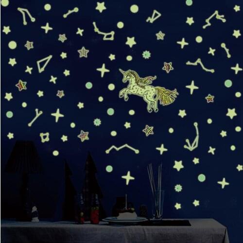 Cartoon luminous wall stickers stars unicorn decals family decoration fluorescent wall stickers for kids rooms mural wallpaper