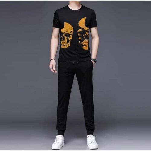 Mens Summer Diamond New Product Slim Suit Pure Cotton Fabric Street Hip-Hop T-Shirt + Trousers Comfortable And Breathable